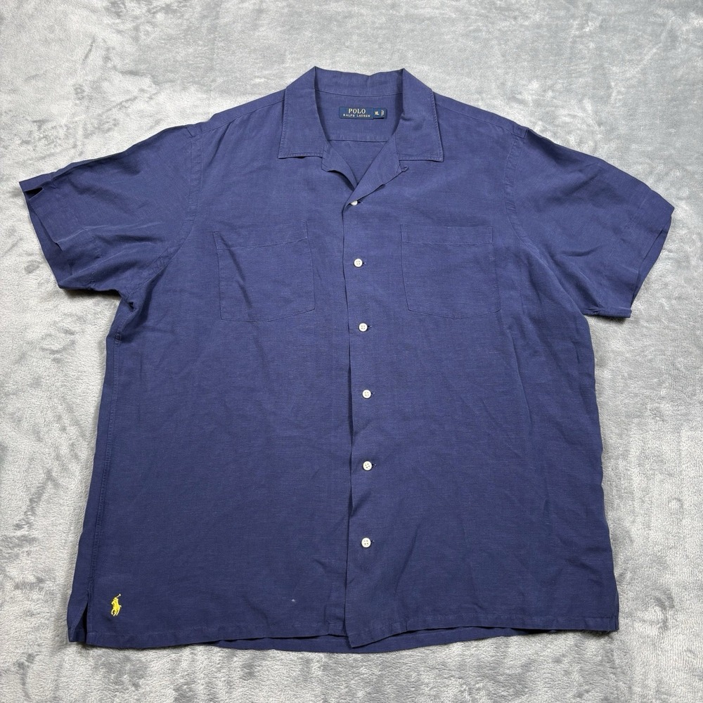 Polo Ralph Lauren Shirt Mens XL Camp Collar Silk Linen Short Sleeve Button